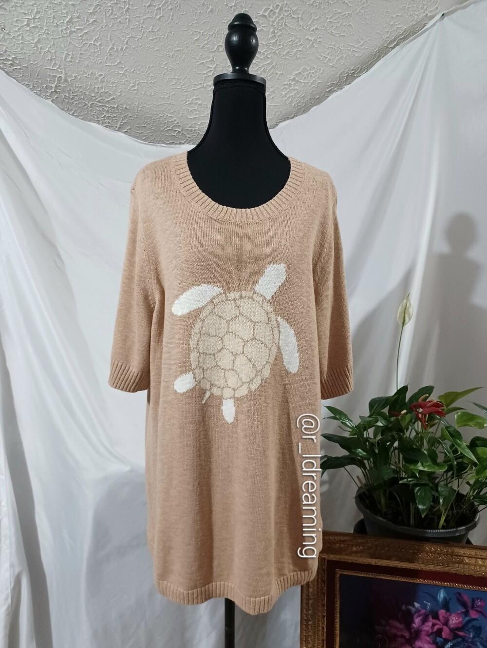NWT Denim & Co. Turtle Patterned Elbow Sleeve Crew Neck Sweater Size XL In Sand